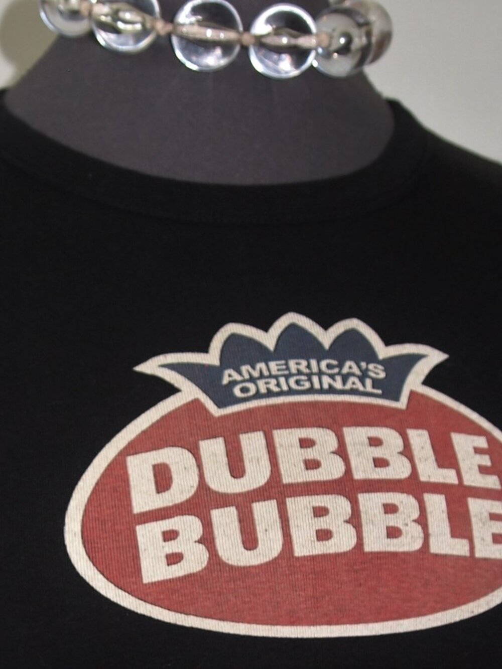 Vintage Double Bubble Gum Fitted Stretch BabyTee Top Black Crew Neck Youth XL - Picture 4 of 4